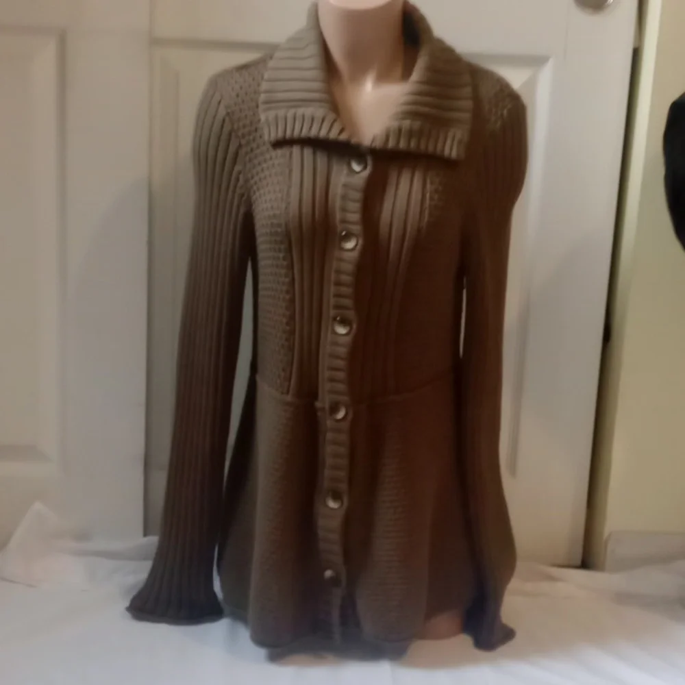Calvin Klein Olive Green Button-Up Ribbed Cardigan | Size Medium
